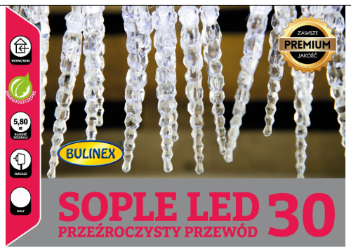 Przejdź do produktu  Lampki 30 LED białe sople +zasilacz 5,8m 10-719