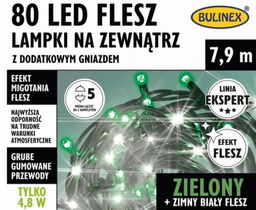 Przejdź do produktu Lampki 80 LED 7,9m zielony flesz +gniazdo 75-427