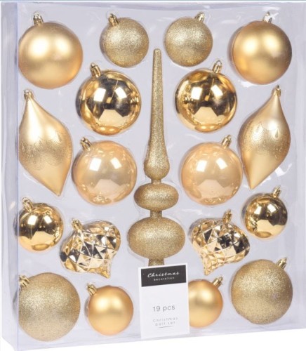 Przejdź do produktu Zestaw złotych ozdób choinkowych bombki 8cm czub nietłukące 19szt 679070 
