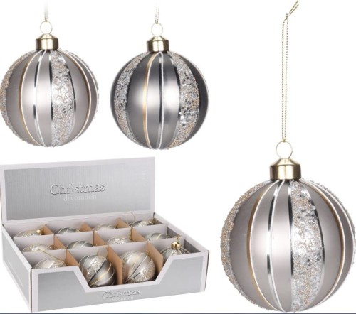 Przejdź do produktu Bombki szklane srebrne 8cm 12szt brokat 701023