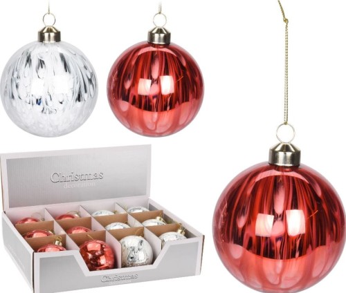 Przejdź do produktu Bombki szklane czerwone srebrne 8cm 12 szt 705281