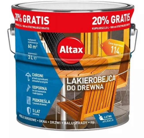 Przejdź do produktu Lakierobejca do drewna 3l tik Altax 3759