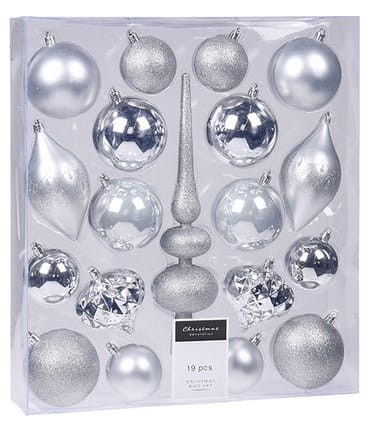 Przejdź do produktu Zestaw srebrnych ozdób choinkowych bombki 8cm czub nietłukące 19szt