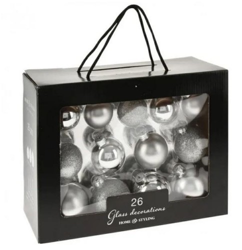 Przejdź do produktu Zestaw szklanych srebrnych bombek 26szt 911293