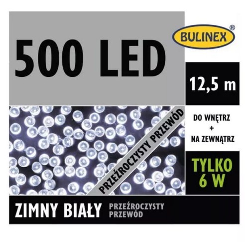 Przejdź do produktu Lampki choinkowe 500 Led 12,5m 13-454 zimny biały Bulinex 