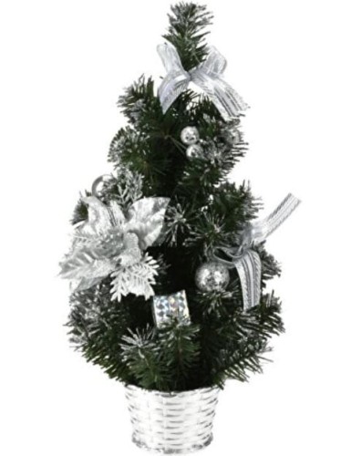Przejdź do produktu Mała choinka na komodę biuro z ozdobami srebrna 40cm 013932