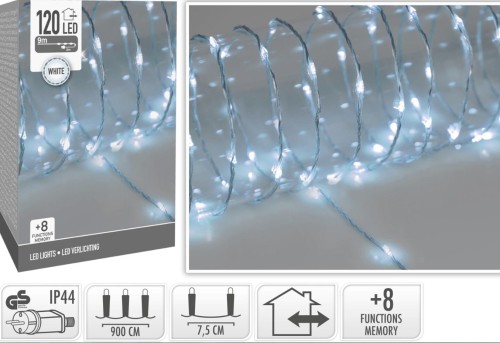 Przejdź do produktu Lampki choinkowe 120 Led biały 8 funkcji 991608 bezbarwny przewód