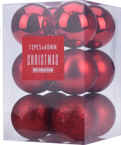 Przejdź do produktu Bombki czerwone plastikowe 12szt 6cm ozdoba 605105