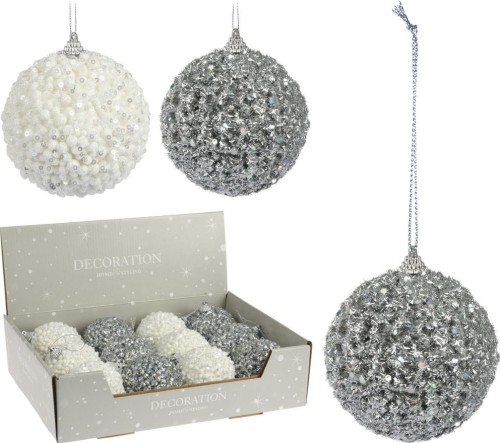 Przejdź do produktu Bombki plastikowe białe srebrne 8cm 12szt 960314
