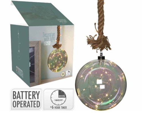 Przejdź do produktu Kula świąteczna świecąca bombka szklana 20cm na linie jutowej 899041