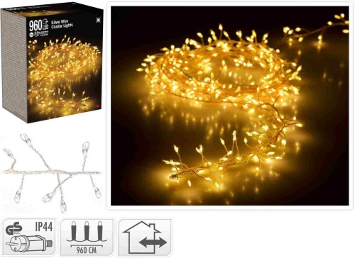 Przejdź do produktu Lampki ryż cluster 960 led biały ciepły srebrny drucik 9,6m 18715