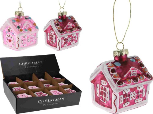 Przejdź do produktu Domek z piernika bombka szklana różowa kształtka do zawieszenia 8cm 256568