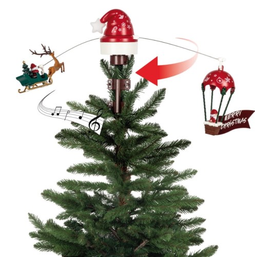 Przejdź do produktu Czub na choinkę grający Jingle Bells obrotowy led Mikołaj z saniami renifer