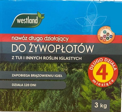 Przejdź do produktu Nawóz do żywopłotów z tuji i iglaków długo działa 120 dni 3kg Westland