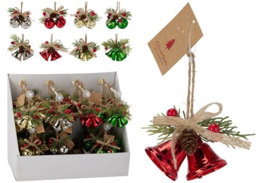 Przejdź do produktu Zawieszki ozdoby świąteczne dzwonki kulki metalowe z kokardą z juty 8cm 655620