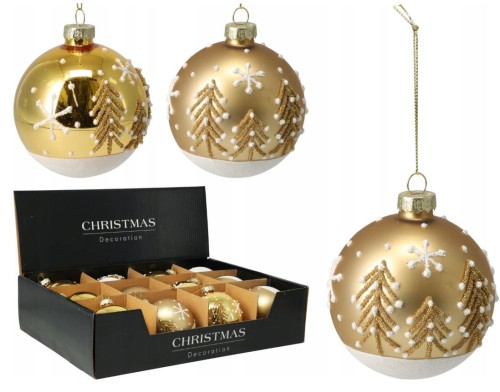 Przejdź do produktu Bombki szklane złote dekorowane mat błysk Choinka 8 cm zestaw 12 szt 666749