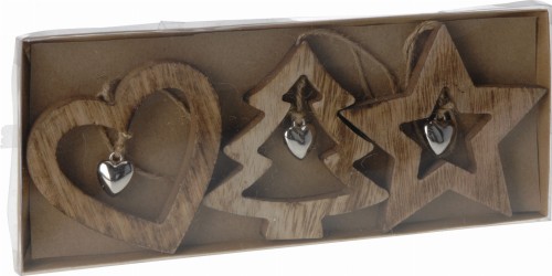Przejdź do produktu Ozdoba drewniana wisząca 3szt gwiazdka choinka serce 591013