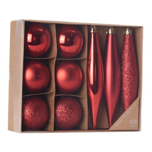Przejdź do produktu Bombki czerwone zestaw 9szt 722062 plastik ozdoby świąteczne