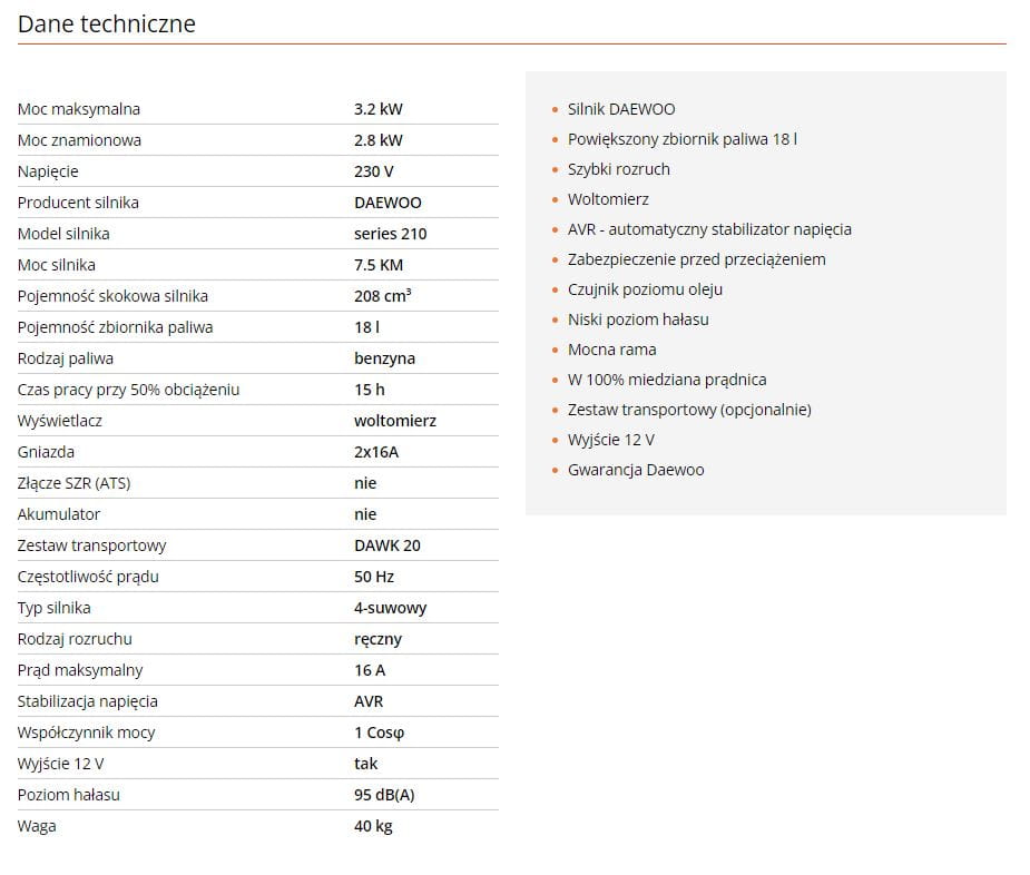 agregat prądotwórczy daewoo gda3500 dane techniczne